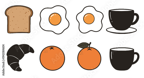 Breakfast food icons including bread, eggs, coffee, and oranges  