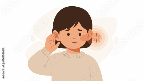 Young girl touching her ear with a worried expression on a light background  