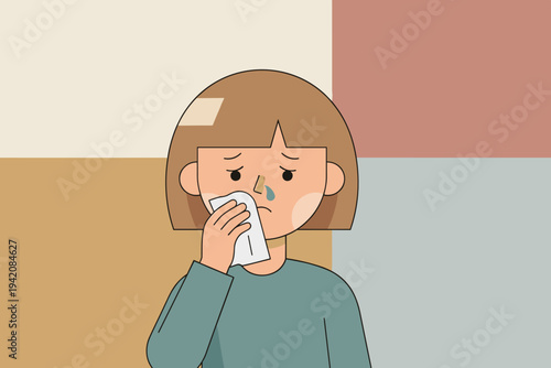 Young girl with runny nose using tissue and looking sad indoors  