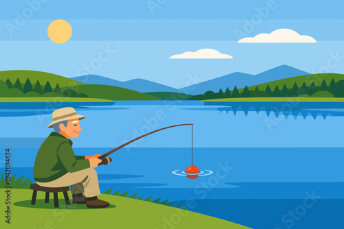Elderly man fishing while sitting by the lake on a sunny day  