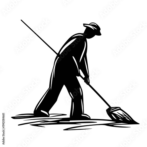 Silhouette of a man sweeping the floor with a broom  