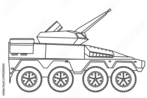 Small Anti Drone Missile Vehicle, Line Art Concept Air Defense System. Kamikaze Drone Defense Tank In White Background.