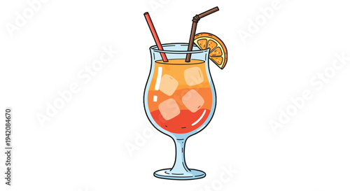 Colorful tropical cocktail with ice and fruit garnish in glass  