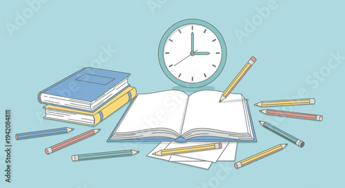 A colorful back to school concept illustration featuring a stack of books, a notebook, and an alarm clock to represent the study time and learning hour in a classroom