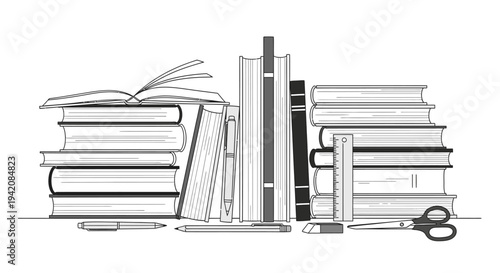 A vast pile of literature and school books forms a tall stack on a library shelf near a laptop, representing a wealth of data and wisdom for education, business, and academic learning