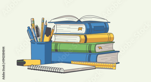 A high-quality 3D icon of a stack of books with pens and pencils on a library desk representing education, school learning, and digital information technology