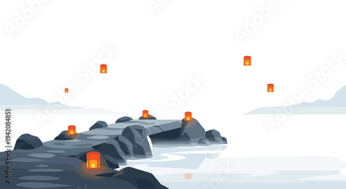 A rugged stone bridge arches over misty water, illuminated by glowing orange lanterns, with more lanterns floating in the sky and hazy mountains in the distance.