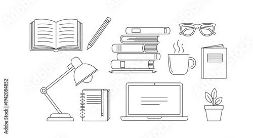 Outline Illustration of Study and Office Items with Books, Laptop, and Desk Lamp