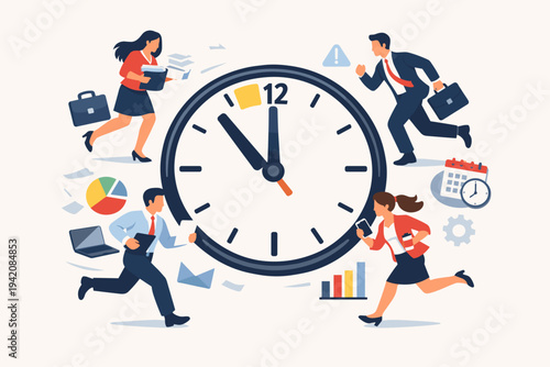 Busy Business People Running Around a Large Clock Representing Deadline and Time Management in a Fast-Paced Office Environment. Flat Vector Illustration of Stressful Work Life and Productivity.