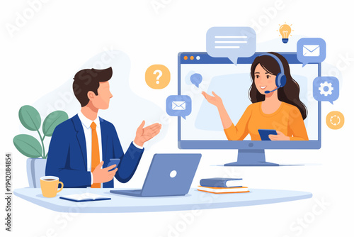 Customer Support Concept Vector Illustration of a Professional Help Service Employee with Headset Assisting a Businessman Online via Video Call for Technical Support and Business Solutions