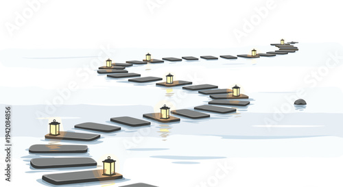 A winding path of dark grey stepping stones, each topped with a glowing yellow lantern, stretches across calm, reflective water against a bright white background.
