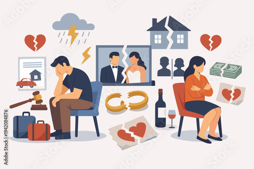 Divorce and Marriage Problems Concept Illustration with Sad Couple, Broken Heart, Split Property, Legal Gavel, and Torn Wedding Photo in Flat Vector Style for Relationship and Law Themes