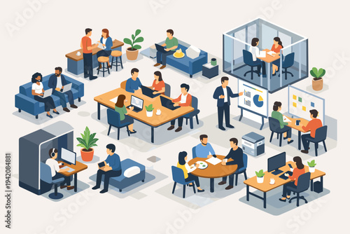 Isometric vector illustration of a modern coworking office space with diverse business people working at desks, collaborating in meetings, using laptops, and relaxing in a functional workspace.