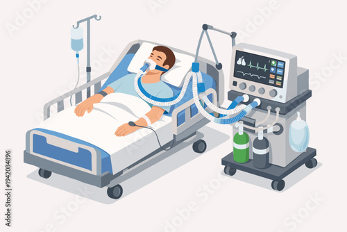 Isometric Vector Illustration of a Critically Ill Patient in a Hospital Bed Connected to a Mechanical Ventilator Machine for Life Support, Oxygen Therapy, and Intensive Care Unit Monitoring.