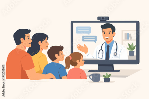 Family with kids consulting a doctor online via video call on a computer monitor, telemedicine concept for remote medical advice, healthcare, and virtual physician appointment illustration.
