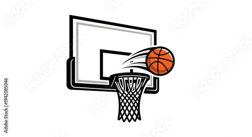 Dynamic basketball going through the hoop, representing scoring and sports on an isolated white background.