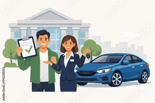 Vector Illustration of a Happy Man Holding an Approved Car Loan Document Next to a Professional Saleswoman Handing Over Keys for a New Blue Sedan in Front of a Bank Building Architecture.