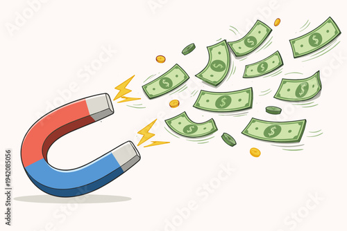 Vector illustration of a red and blue horseshoe magnet attracting green dollar banknotes and gold coins, symbolizing wealth attraction, financial success, business growth, and passive income.