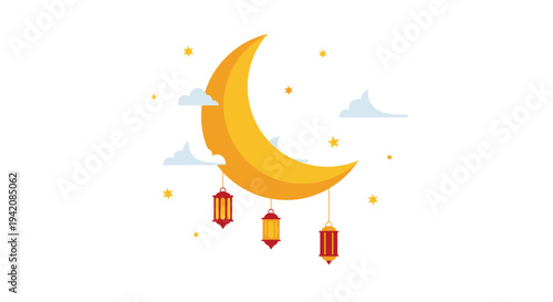 A prominent yellow crescent moon with three hanging red and orange lanterns is surrounded by small stars and white clouds.