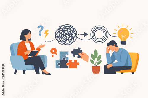 Psychologist Helping Patient Solve Mental Health Problems and Emotional Issues through Therapy, Counseling Session with Lightbulb Idea and Puzzle Pieces Flat Style Vector Illustration