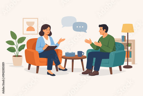 Vector illustration of a female psychologist taking notes while talking to a male patient in a cozy office; mental health counseling session with speech bubbles, armchairs, and indoor plants.