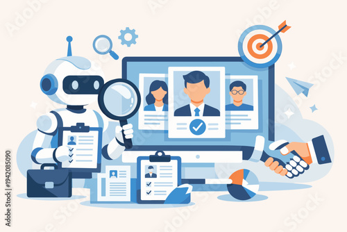 AI Robot Assisting in Recruitment and Candidate Search Process. Flat Vector Illustration of Artificial Intelligence Screening Resumes, Analyzing Profiles on Monitor for Human Resources Hiring.