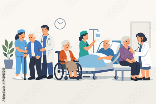 Flat Vector Illustration of Senior Patients Receiving Medical Care in a Hospital Clinic with Doctors and Nurses Providing Assistance, Health Checkups, and Support for Elderly People in Need.