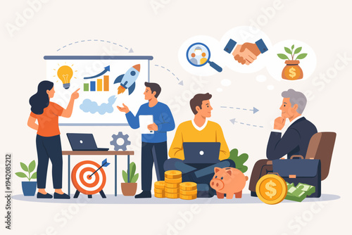 Flat Vector Illustration of a Startup Team Presenting a Business Pitch to an Investor for Funding, Featuring Rocket Launch, Financial Growth Charts, Money Savings, and Strategic Partnership.