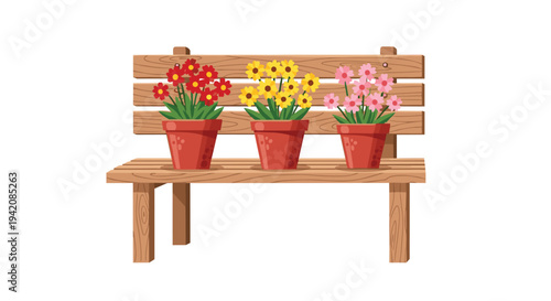 A light brown wooden bench supports three terracotta pots, each containing vibrant red, yellow, and pink flowering plants.