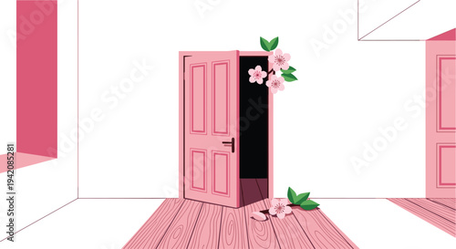 A light pink door stands slightly ajar, adorned with cherry blossoms and green leaves, opening into a minimalist white room.