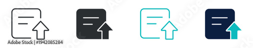 Upload document icon set, file upload arrow transfer symbol, in outline and solid silhouette style. Vector illustration.