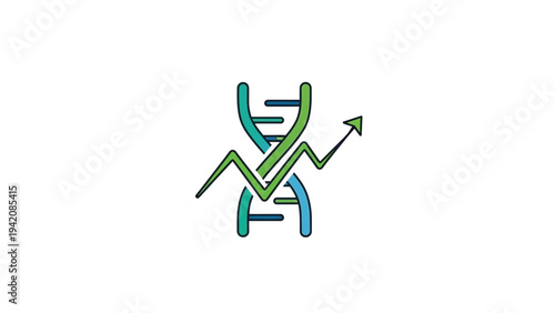 Abstract DNA helix structure combined with upward trending line graph and green arrow symbolizing scientific growth improvement