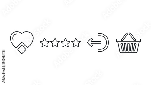 Outline vector icons representing customer feedback, product rating, return process, and online shopping basket for commerce.