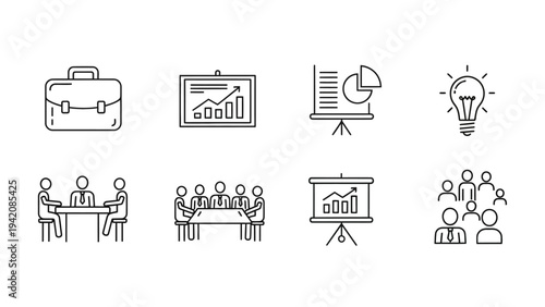 Collection of business line icons featuring corporate meeting elements, data presentations, professional briefcase, and an innovative idea lightbulb symbol.