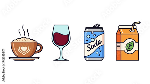 Collection of diverse refreshing popular beverages presented as modern outline style flat vector icons illustration on a light background.