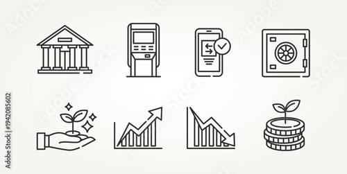 minimalist set of finance line art icons vector illustration design. icon stock of bank, transfer, investment, stock chart, safe, and more