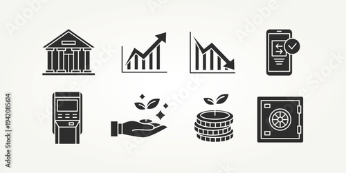 minimalist set of finance flat icons vector illustration design. icon stock of bank, transfer, investment, stock chart, safe, and more