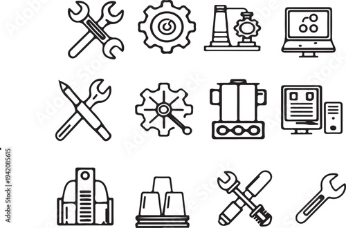 Collection of 28 black and white line icons representing various occupations and tools