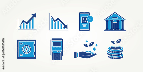 minimalist set of finance flat icons vector illustration design. icon stock of bank, transfer, investment, stock chart, safe, and more