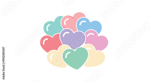 A vibrant cluster of nine smooth, pastel-colored heart shapes with subtle highlights is arranged closely together on a clean white background.