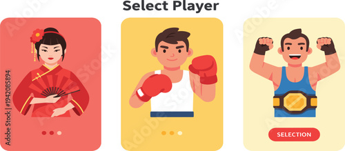Select Player Game Character UI Screen with Female Warrior, Boxer Fighter, and Champion Wrestler Avatar Cards for Mobile App Interface Design