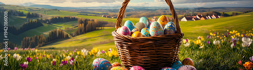 A beautifully decorated Easter basket with colorful eggs in a Central European village, under a perfect sunny sky with clouds, radiating festive and cultural charm.
