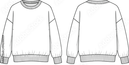 Womens oversized crewneck sweatshirt tech pack with dropped shoulders front and back view cad drawing flat vector illustration for fashion