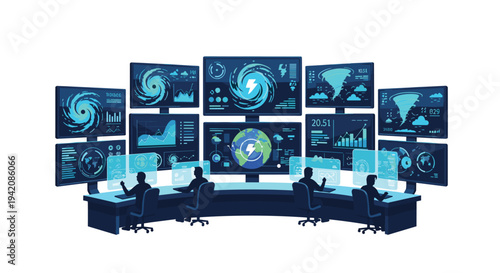 Four anonymous figures are seated at a dark curved desk, intently observing a large array of nine blue data screens displaying weather patterns.