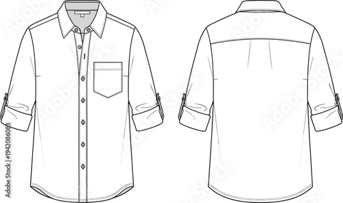 Mens casual long sleeve button down shirt with roll up sleeves tech pack front and back view cad drawing flat vector illustration