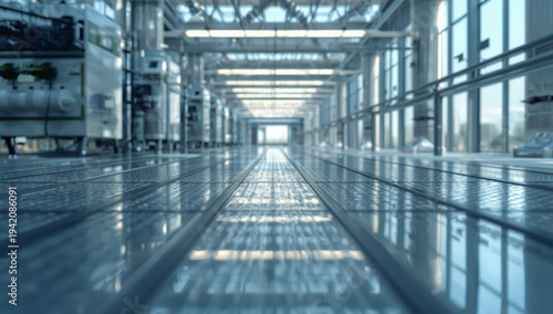 Wallpaper Mural Modern industrial warehouse interior with polished metal floor reflecting light, bright Torontodigital.ca