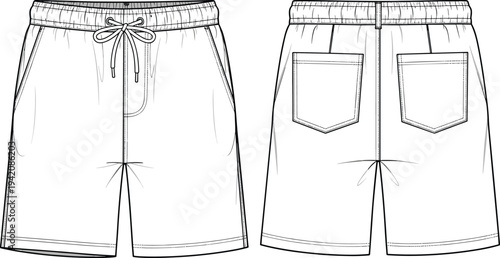 Mens casual drawstring shorts tech pack front and back view cad drawing flat vector illustration for fashion design and manufacturing