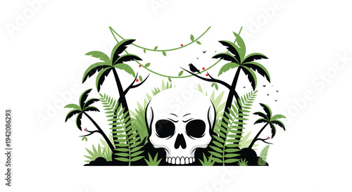 A white human skull is prominently displayed on dark ground amidst dense green ferns, surrounded by tall palm trees and hanging vines.
