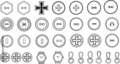 Line Art Collection of Sewing Buttons, Vintage Cross Medals, Analog Wristwatches, and Metal Hardware Fasteners for Fashion and Technical Design