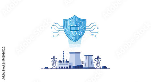 A blue circuit-board patterned shield hovers above a modern industrial complex, including a factory, cooling towers, and power line pylons.